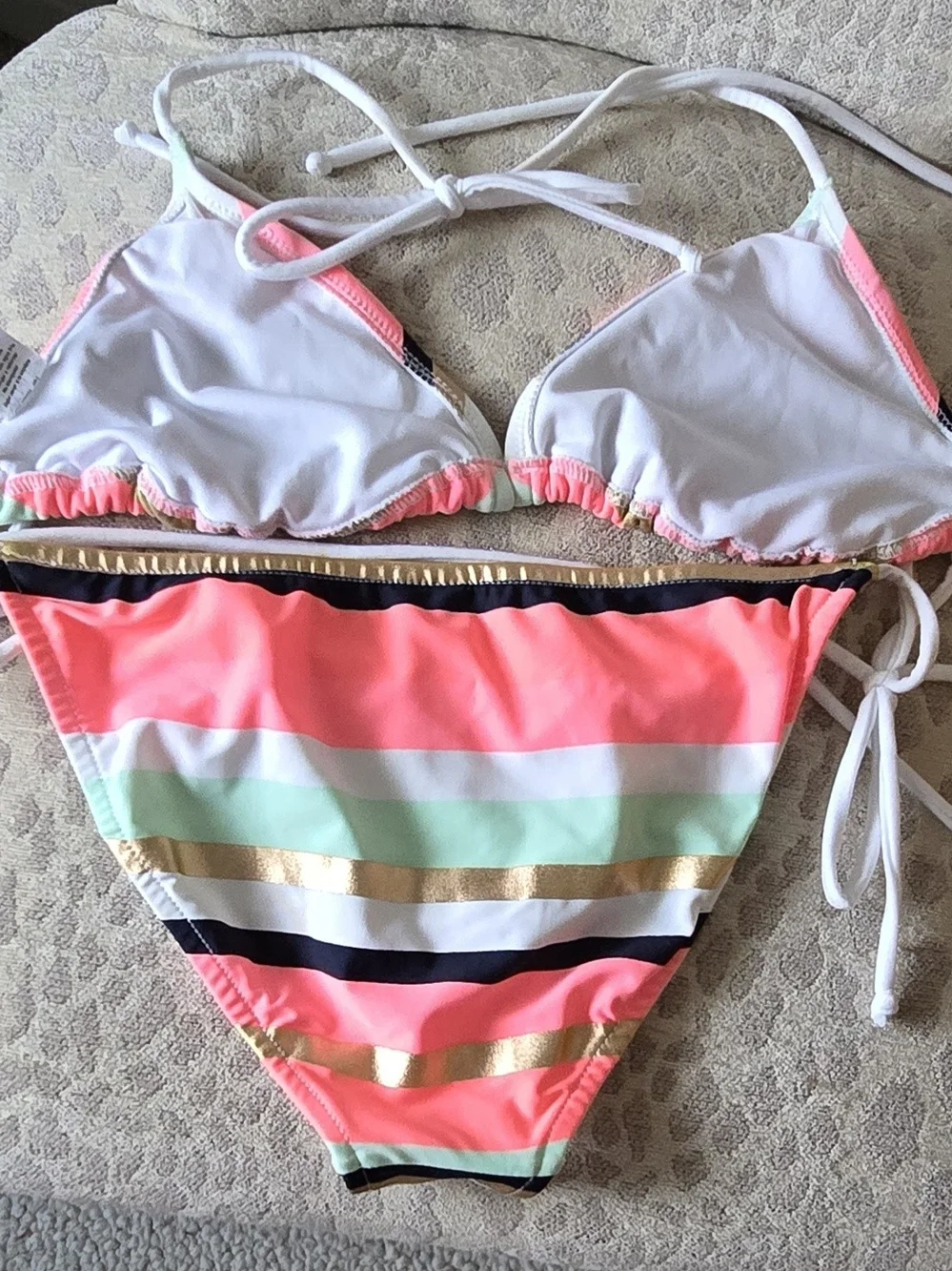 VENUS Swimwear Coral, Mint, Balck & Gold Stripe Tie Bikini Set, NWOT